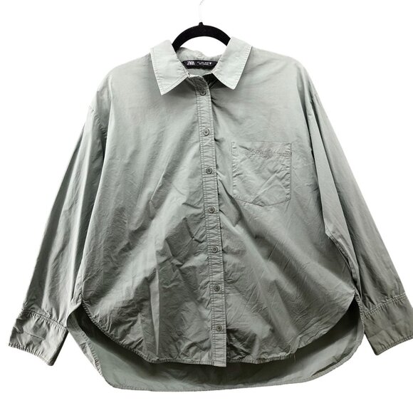 Zara Oversized Button Up Shirt Womens L Sage Green Cotton Long Sleeve - Picture 1 of 9